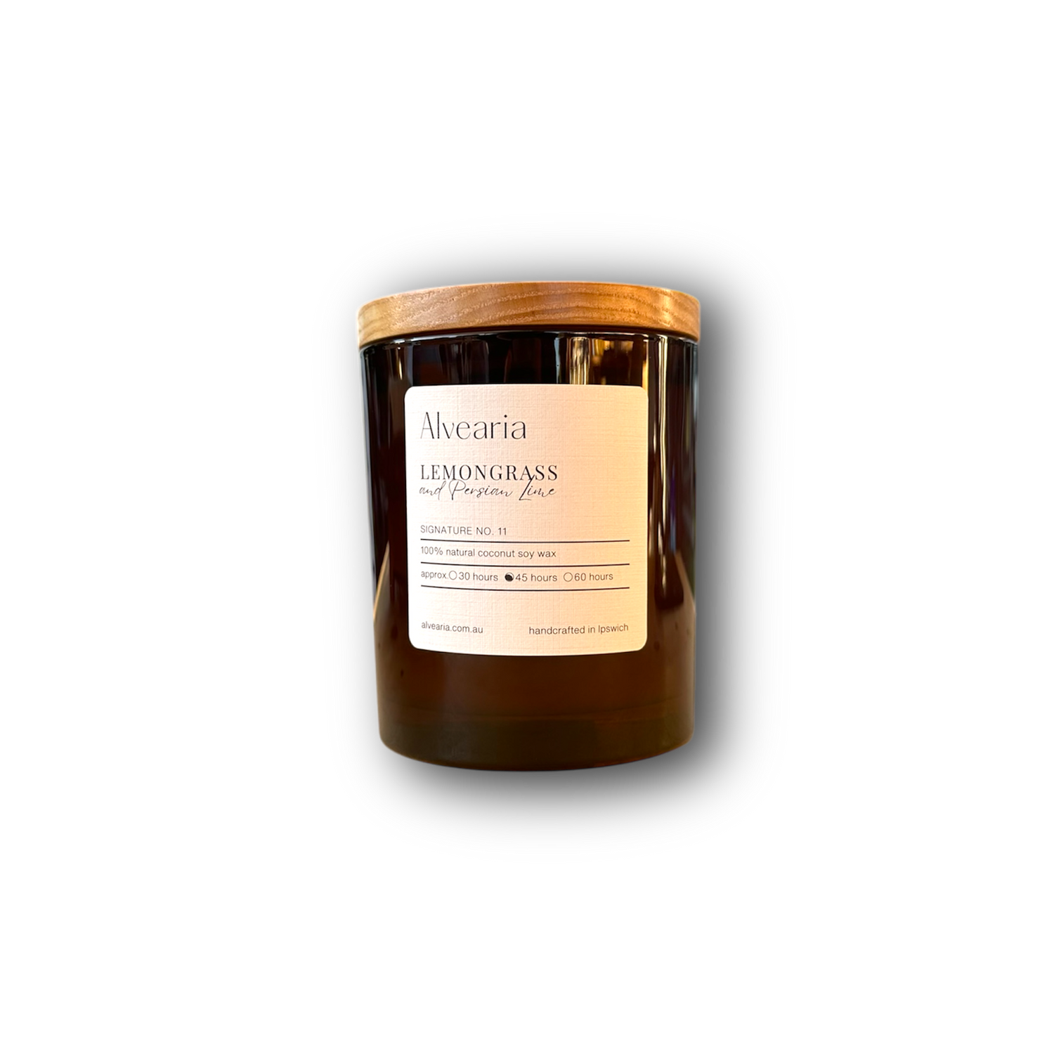 hand-poured soy candle in amber glass jar